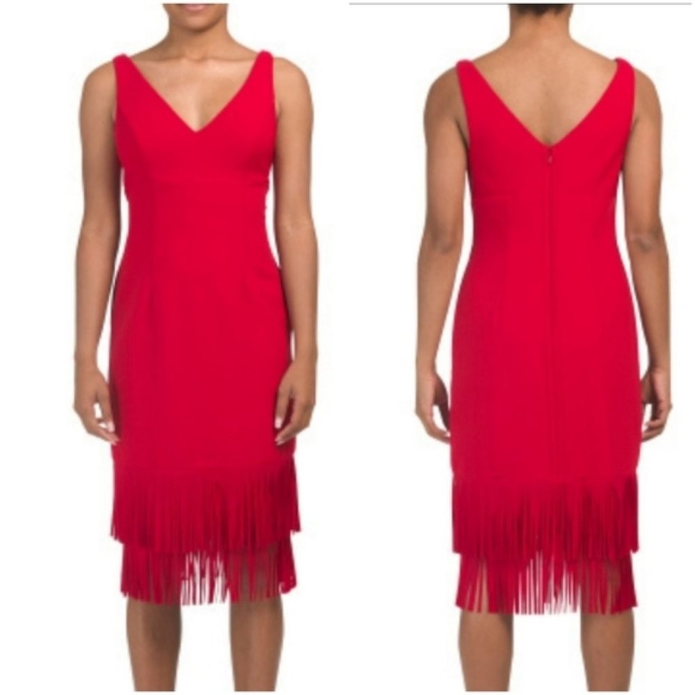 NWOT Adrianna Papell Bright Red Flapper style Fringe dress, 6